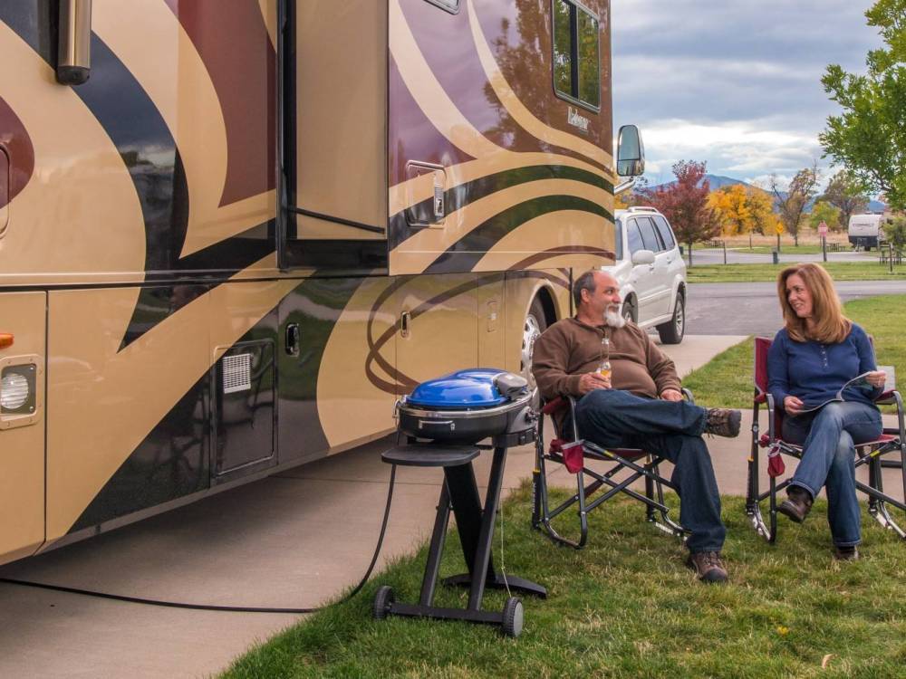 Couple enjoys conversation at RV park